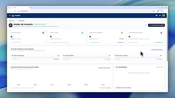 Interface do software Meu Fretado exibindo o cadastro de estudantes e rotas de transporte universitário